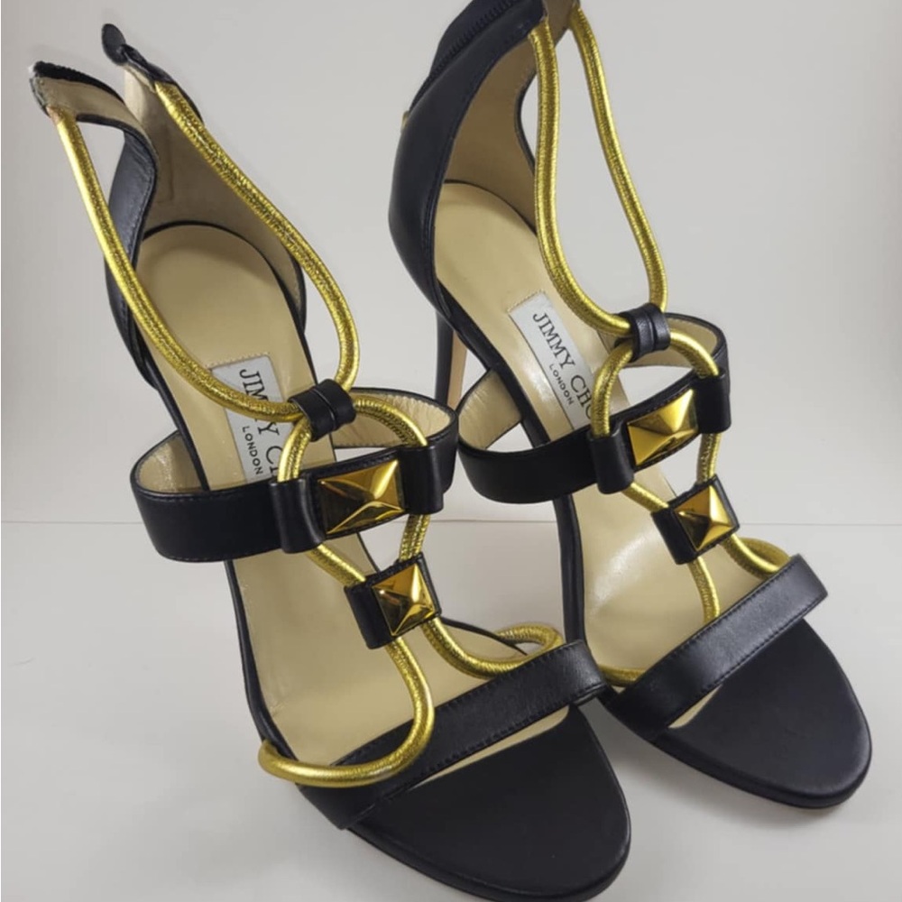 Jimmy Choo Black and Gold Strappy Heels